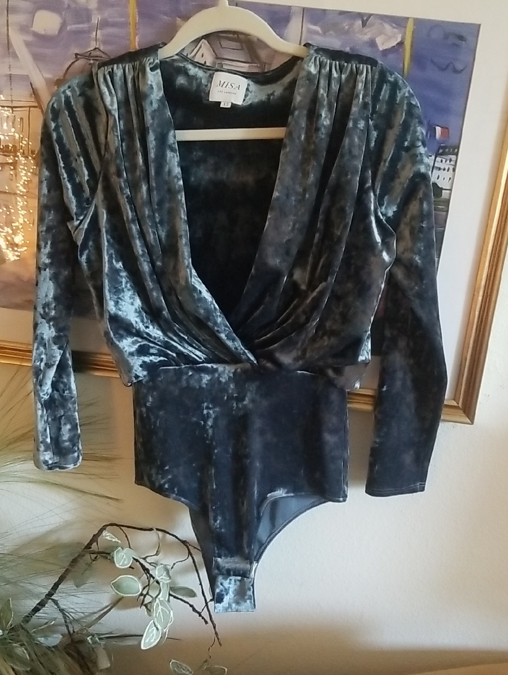 Misa Velvet Surplice Long-Sleeve Bodysuit in Blue